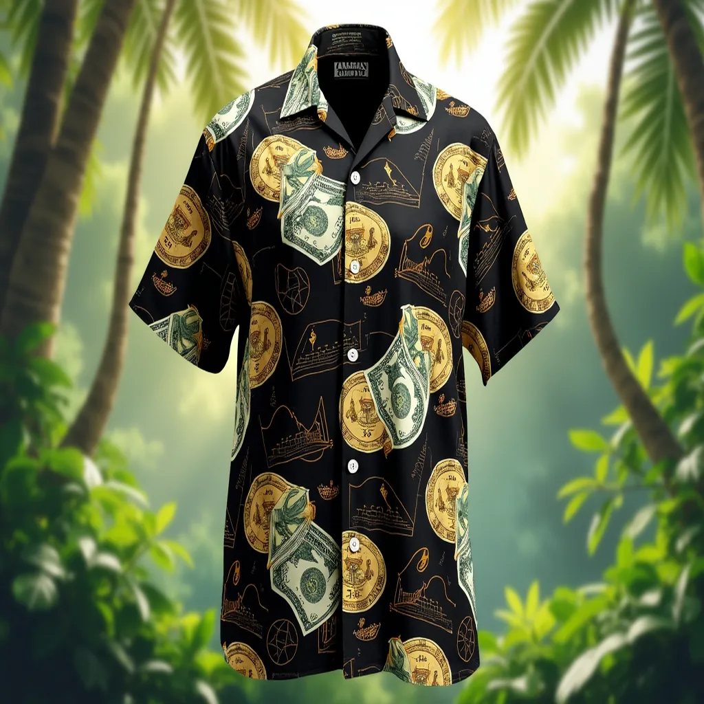 Black Rayon Hawaiian Shirt with Dollar Bill Patterns and Camp Collar