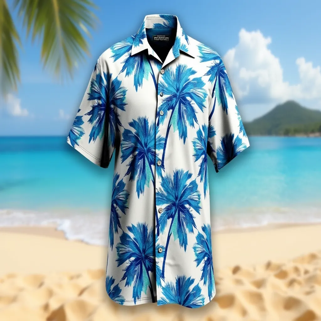 Hawaiian Shirt with Blue White Palm Leaf Design