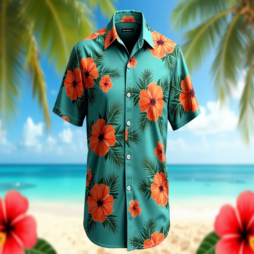 Lightweight Teal Hawaiian Shirt with Tropical Palm Motifs