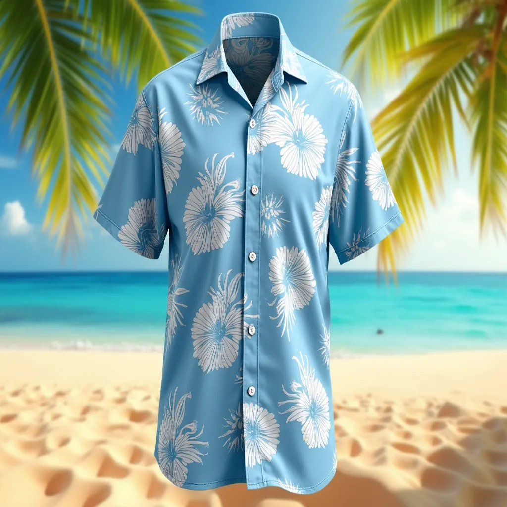 Modern Hawaiian Shirt with Sky Blue Base and White Hibiscus Patterns