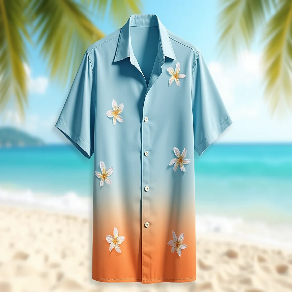 Pastel Blue Ombre Orange Hawaiian Shirt with Plumeria Design