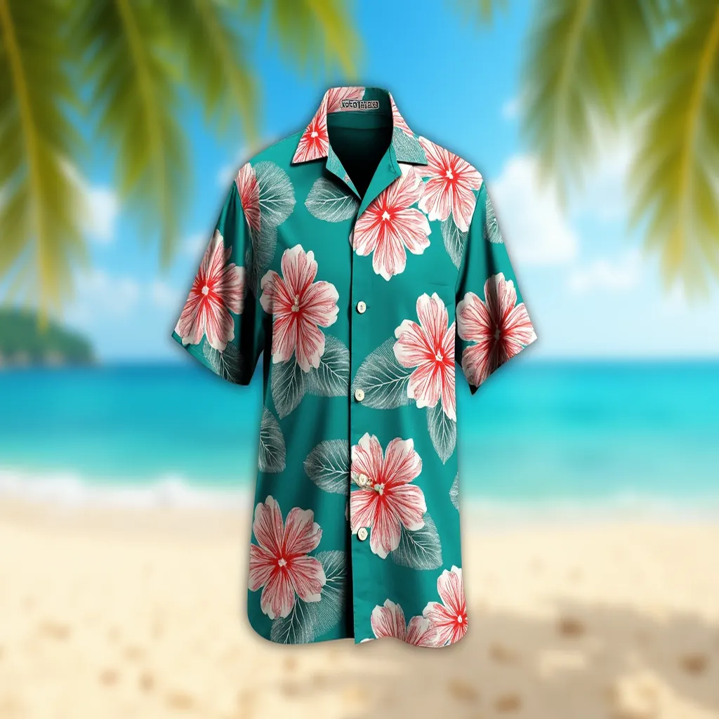 Relaxed-Fit Teal Hawaiian Shirt with Hibiscus Patterns