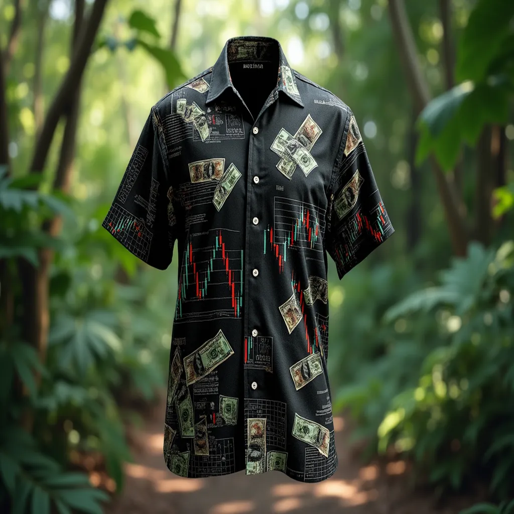 Sleek Black Hawaiian Shirt with Financial Motifs in Soft Fabric