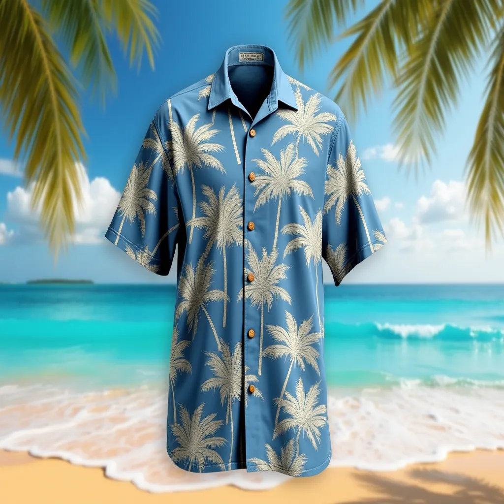 Stone-Blue Hawaiian Shirt with Ivory Palm Patterns - Tropical Design