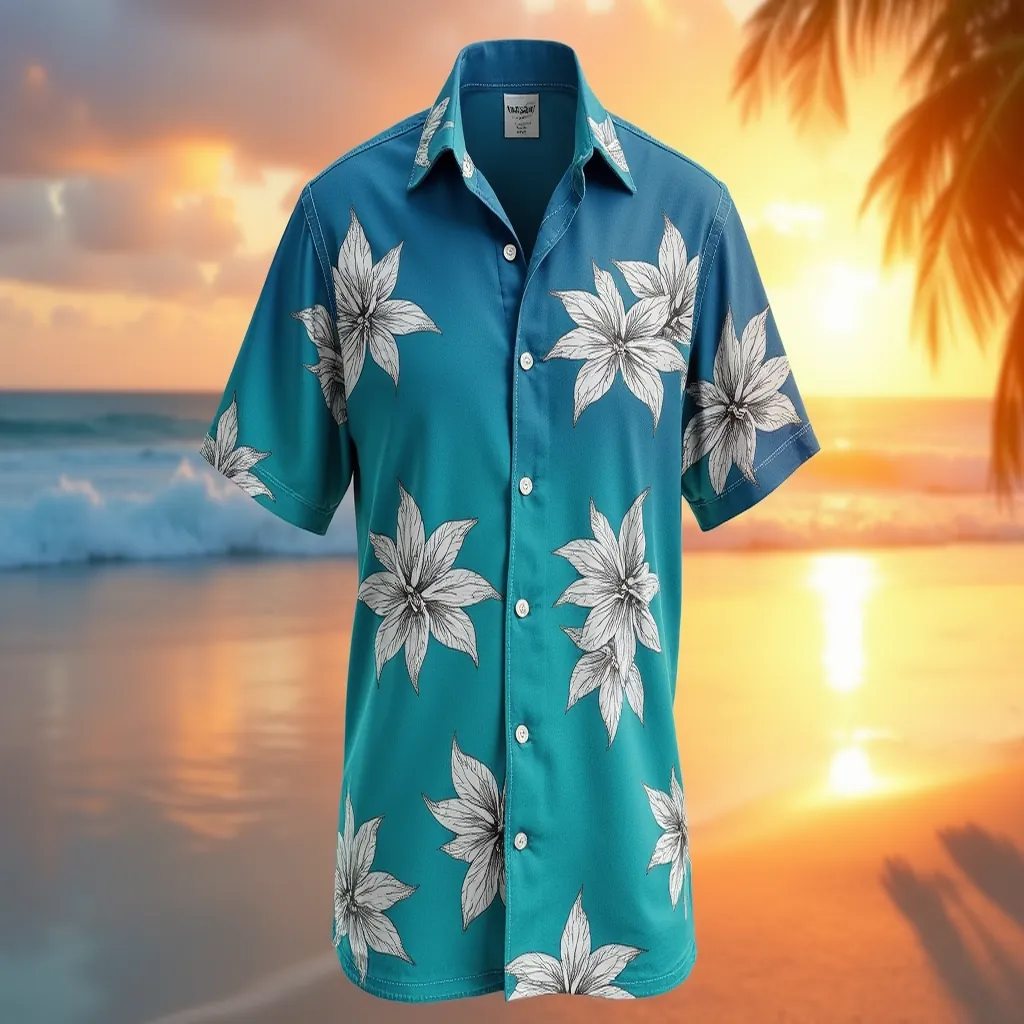 Stylish Slim-Fit Hawaiian Linen Shirt - Blue Teal Gradient
