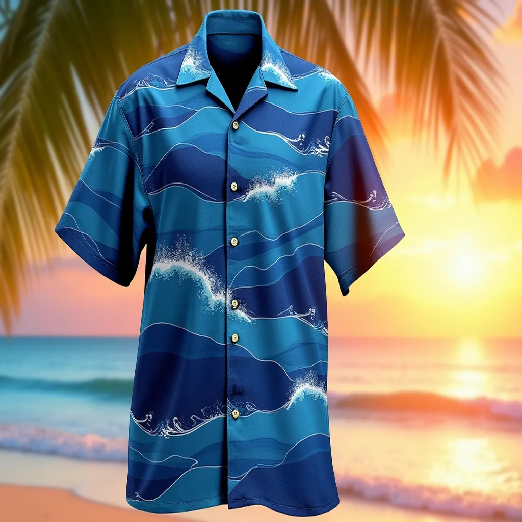 Tropical Blue Hawaiian Shirt with Intricate Wave Motifs