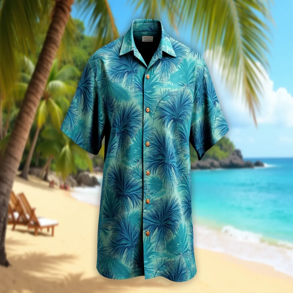 Tropical Teal Blue Hawaiian Shirt with Coconut Shell Buttons