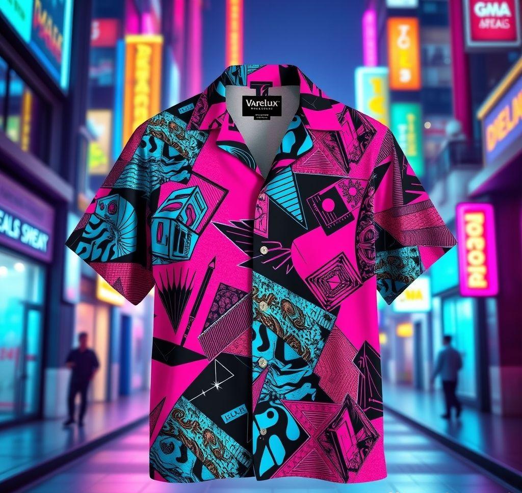 Bold Hawaiian Shirt with Retro-Futuristic Neon Design